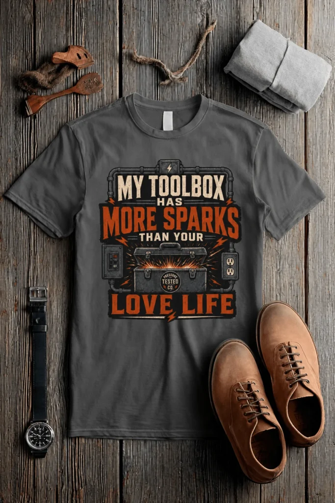 T-Shirt — "My Toolbox Has More Sparks Than Your Love Life" Electrician/Mechanic Workshop Tee — pepper t-shirt, flat-lay product photo | Pressure Tested Co