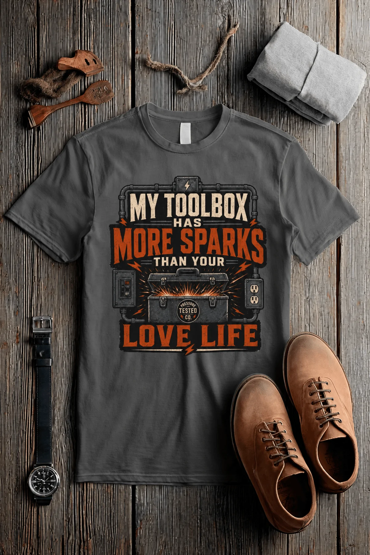 T-Shirt — "My Toolbox Has More Sparks Than Your Love Life" Electrician/Mechanic Workshop Tee — pepper t-shirt, flat-lay product photo | Pressure Tested Co