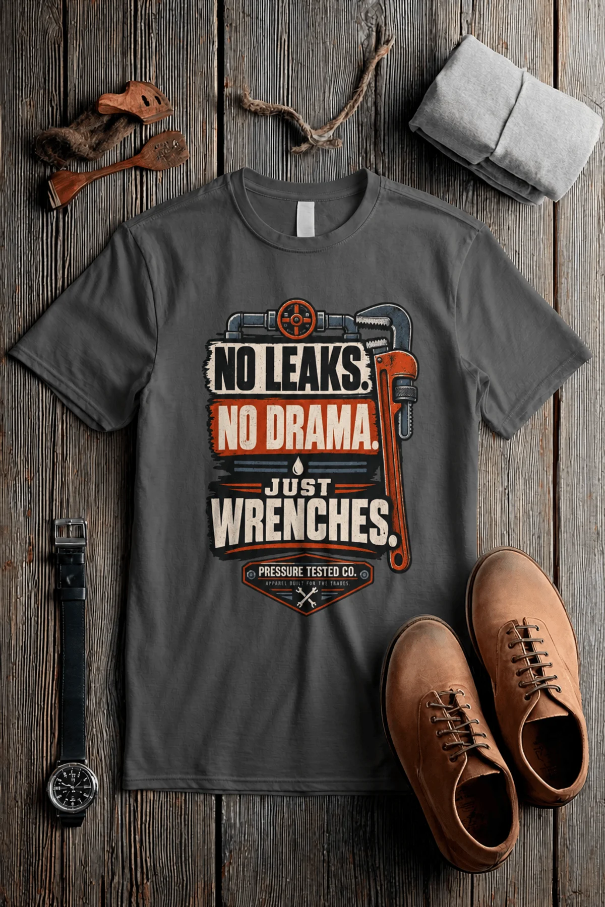 "No Leaks, No Drama, Just Wrenches" Vintage Plumbing Tee — pepper t-shirt, flat-lay product photo | Pressure Tested Co