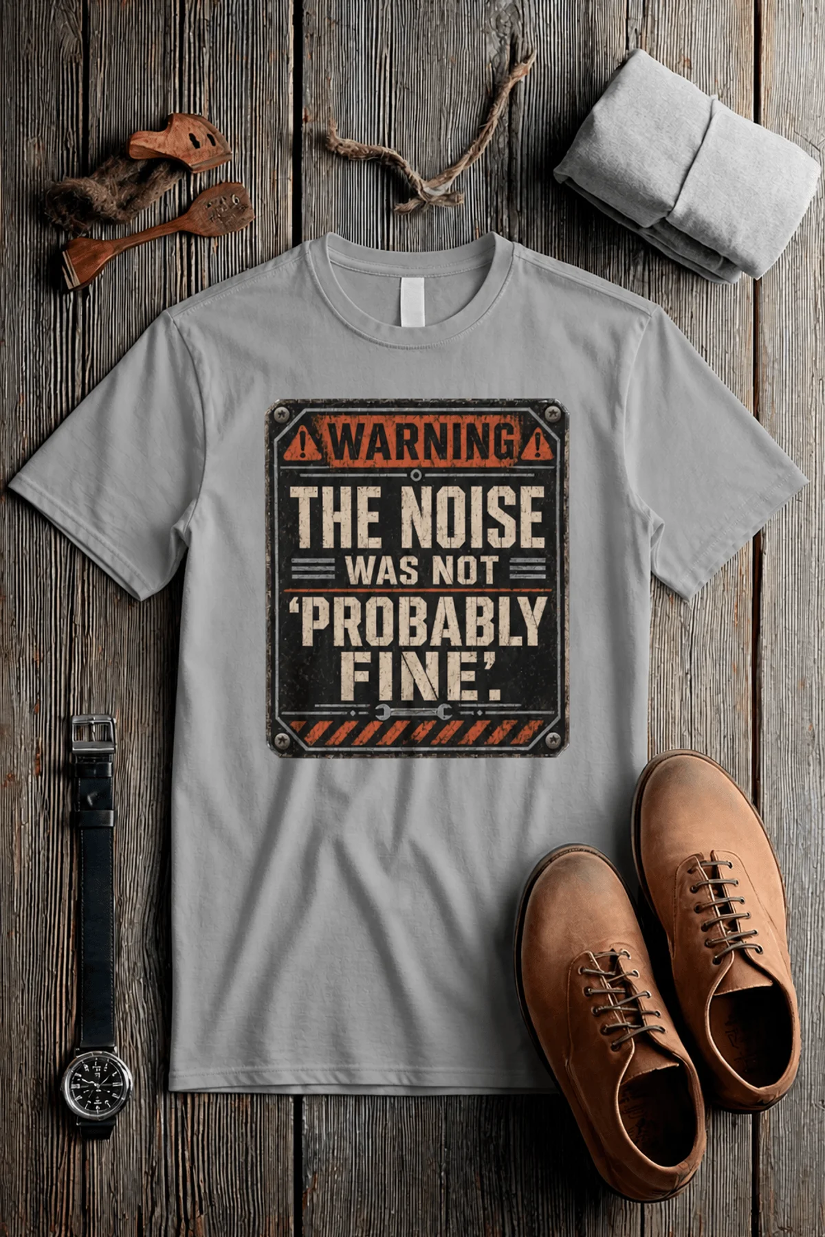 Warning Sign T-Shirt — "The Noise Was Not 'Probably Fine'" Vintage Graphic Tee — pepper t-shirt, flat-lay product photo | Pressure Tested Co