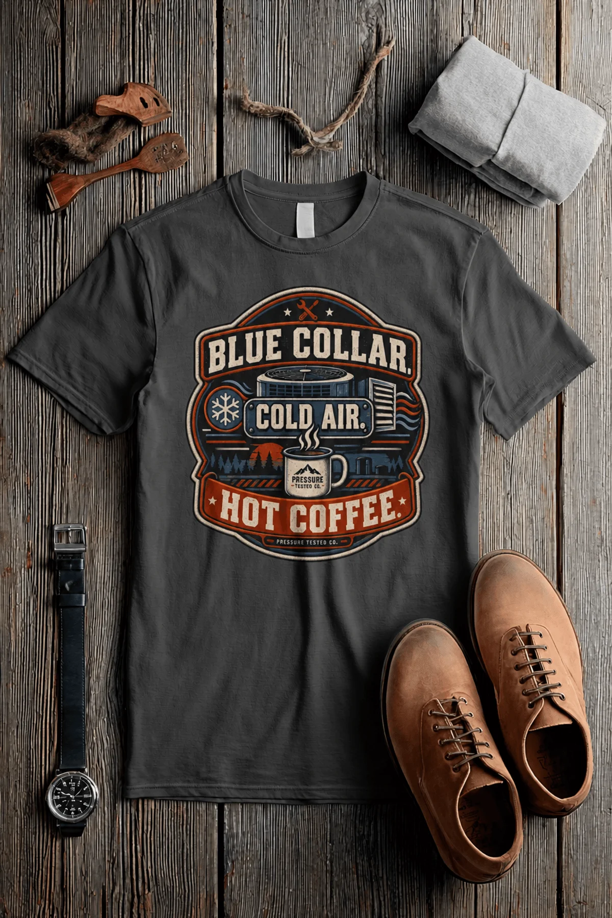 'Blue Collar. Cold Air. Hot Coffee.' T-Shirt — Funny Retro Industrial HVAC Tee — pepper t-shirt, flat-lay product photo | Pressure Tested Co