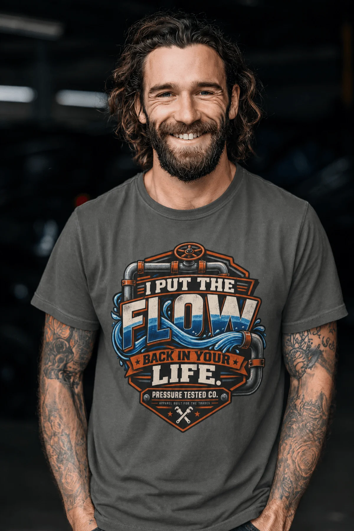 'I Put The Flow Back Into Your Life.' T-Shirt — Funny Retro Industrial Plumber's Tee — pepper t-shirt, model photo | Pressure Tested Co