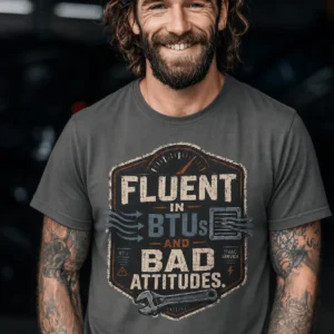 HVAC Tech T‑Shirt – "Fluent In BTUs And Bad Attitudes" — pepper t-shirt, model photo | Pressure Tested Co
