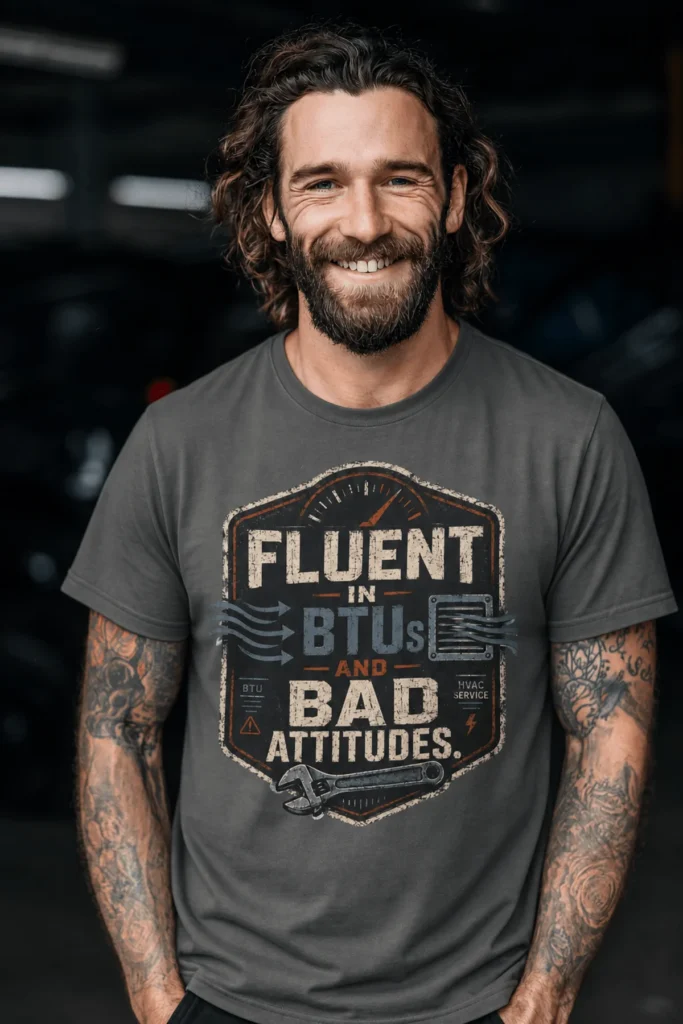 HVAC Tech T‑Shirt – "Fluent In BTUs And Bad Attitudes" — pepper t-shirt, model photo | Pressure Tested Co