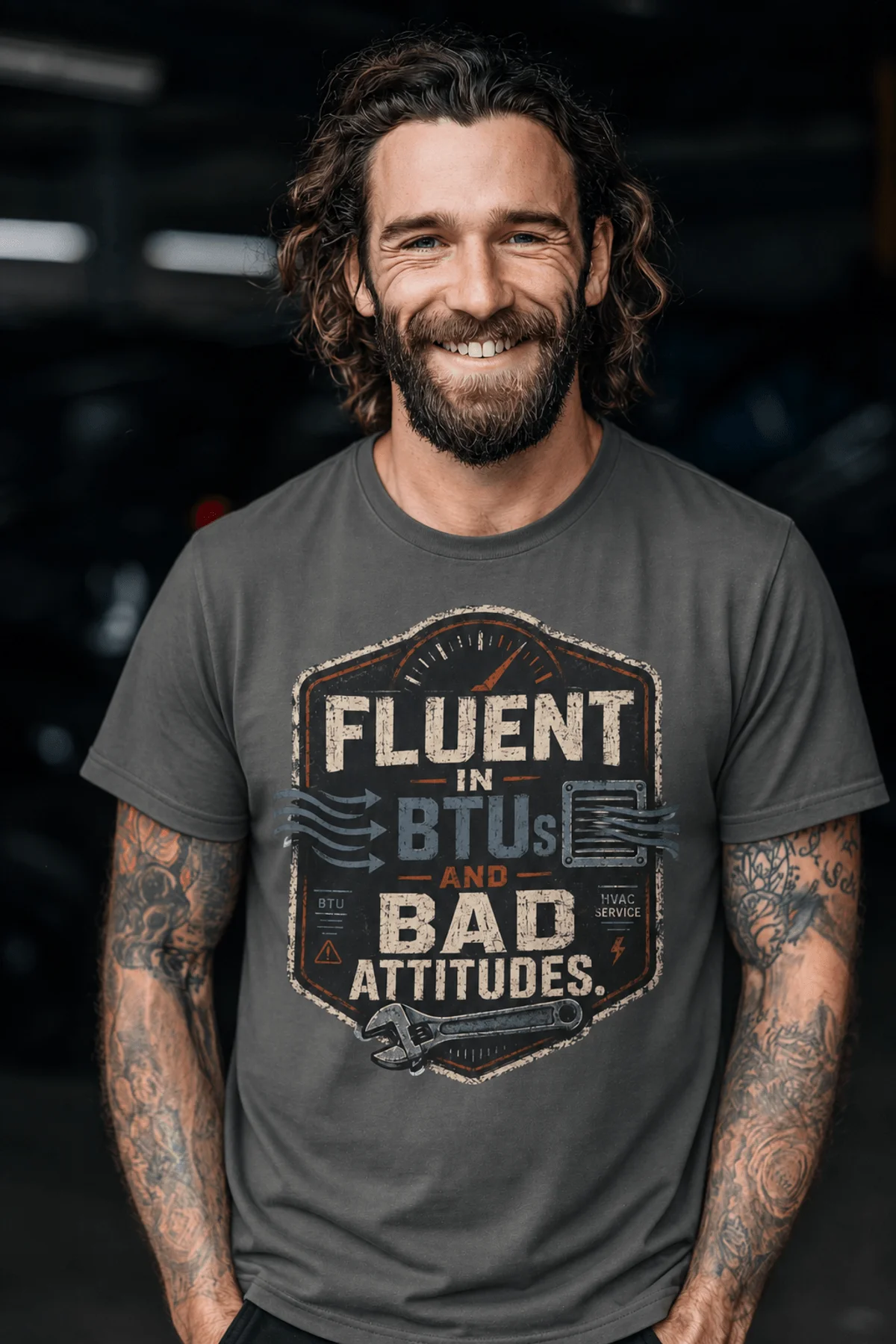 HVAC Tech T‑Shirt – "Fluent In BTUs And Bad Attitudes" — pepper t-shirt, model photo | Pressure Tested Co