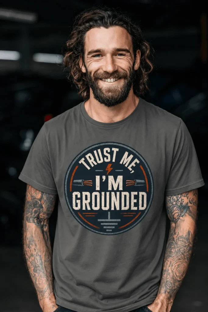 Grounded T‑Shirt – "Trust Me I'm Grounded" Electrical Tech Tee — pepper t-shirt, model photo | Pressure Tested Co