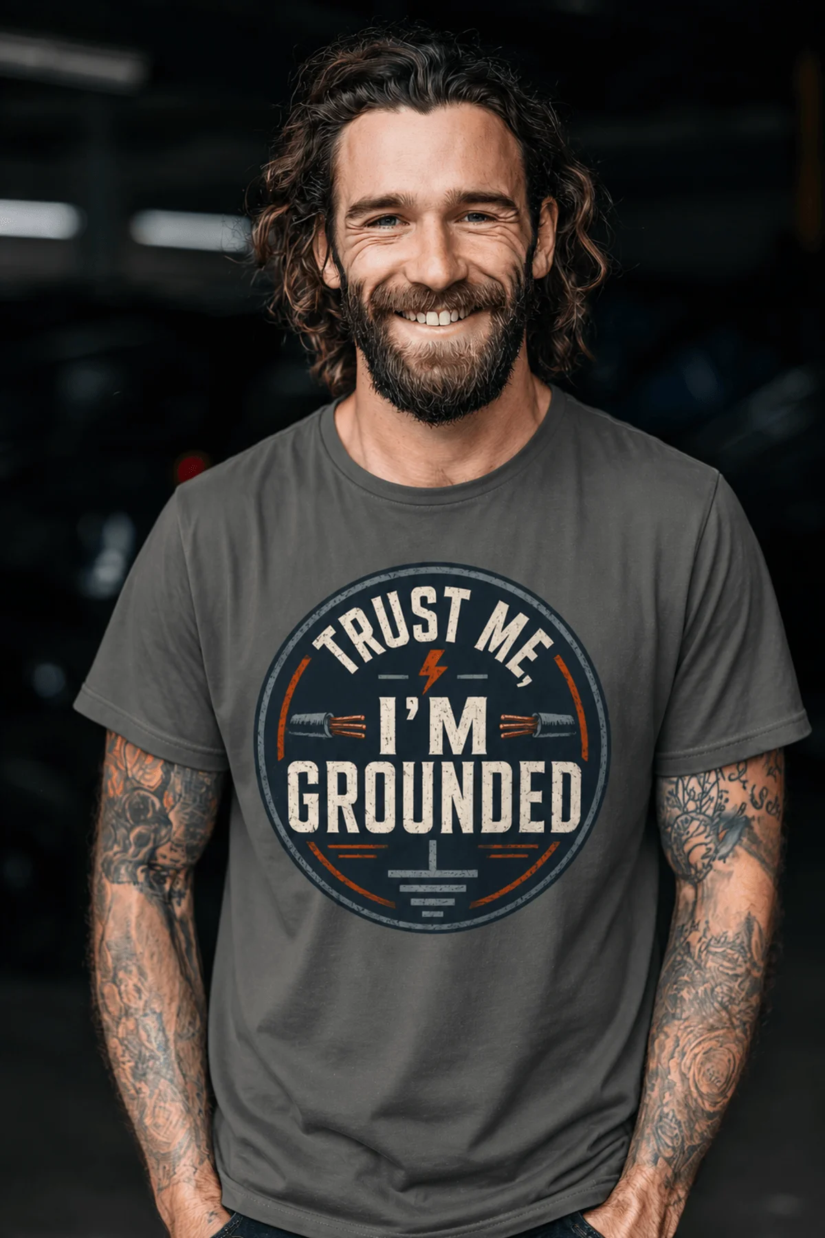 Grounded T‑Shirt – "Trust Me I'm Grounded" Electrical Tech Tee — pepper t-shirt, model photo | Pressure Tested Co