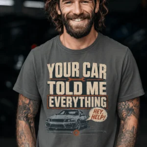 Mechanic T‑Shirt – "Your Car Told Me Everything" Vintage Graphic Design Tee — pepper t-shirt, model photo | Pressure Tested Co