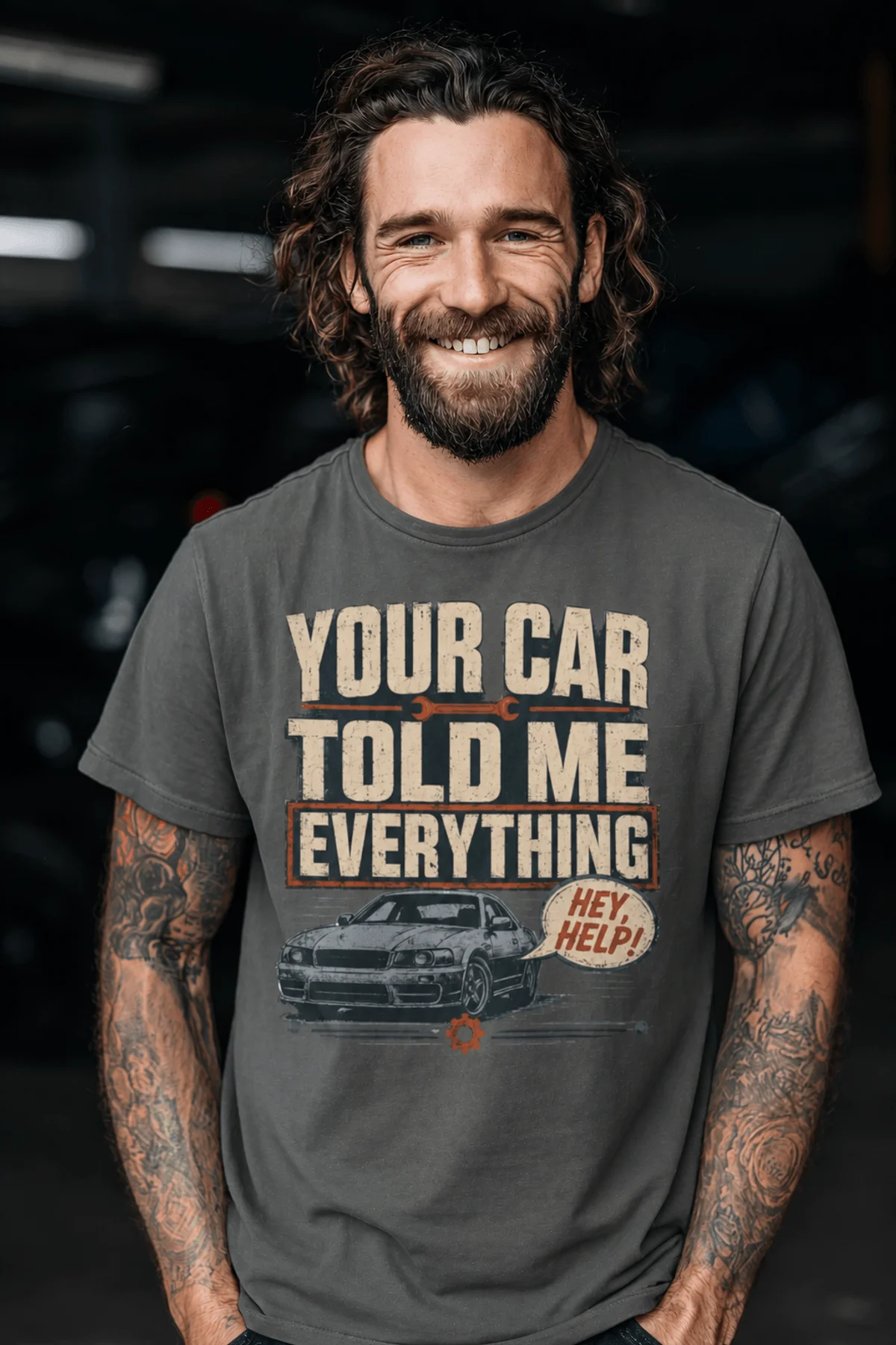 Mechanic T‑Shirt – "Your Car Told Me Everything" Vintage Graphic Design Tee — pepper t-shirt, model photo | Pressure Tested Co