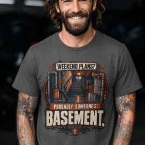 Plumber T‑Shirt – "Weekend Plans? Probably Someone's Basement" Vintage Graphic Design Tee — pepper t-shirt, model photo | Pressure Tested Co