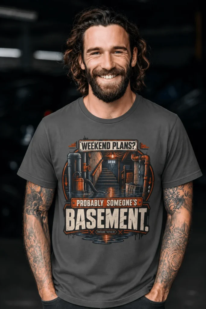 Plumber T‑Shirt – "Weekend Plans? Probably Someone's Basement" Vintage Graphic Design Tee — pepper t-shirt, model photo | Pressure Tested Co