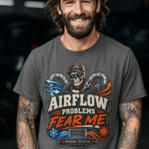 Airflow Problems Fear Me T-Shirt — HVAC Technician Skull Logo Tee — pepper t-shirt, model photo | Pressure Tested Co