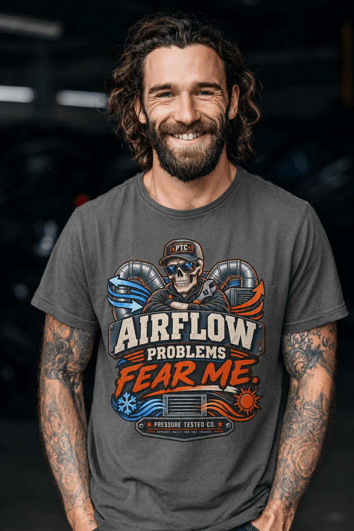 Airflow Problems Fear Me T-Shirt — HVAC Technician Skull Logo Tee — pepper t-shirt, model photo | Pressure Tested Co