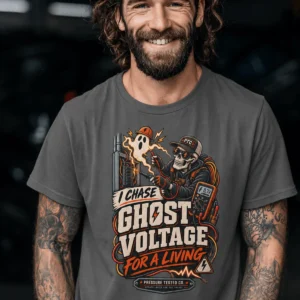 Ghost Voltage T-Shirt — 'I Chase Ghost Voltage for a Living' Vintage Electrician Tee — pepper t-shirt, model photo | Pressure Tested Co