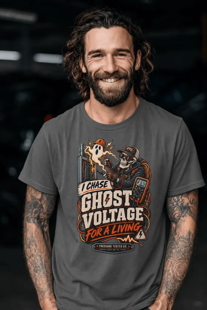 Ghost Voltage T-Shirt — 'I Chase Ghost Voltage for a Living' Vintage Electrician Tee — pepper t-shirt, model photo | Pressure Tested Co