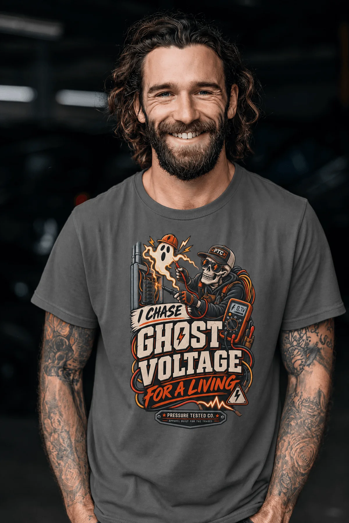 Ghost Voltage T-Shirt — 'I Chase Ghost Voltage for a Living' Vintage Electrician Tee — pepper t-shirt, model photo | Pressure Tested Co