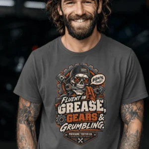 Mechanic Skull T-Shirt — "Fluent in Grease, Gears and Grumbling" Graphic Tee — pepper t-shirt, model photo | Pressure Tested Co