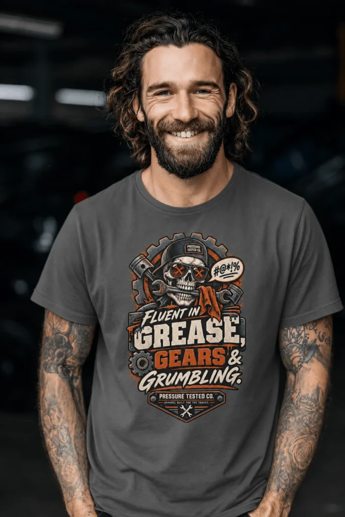 Mechanic Skull T-Shirt — "Fluent in Grease, Gears and Grumbling" Graphic Tee — pepper t-shirt, model photo | Pressure Tested Co