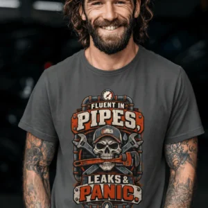 Plumber Skull T-Shirt — "Fluent in Pipes, Leaks and Panic" Workwear Tee — pepper t-shirt, model photo | Pressure Tested Co