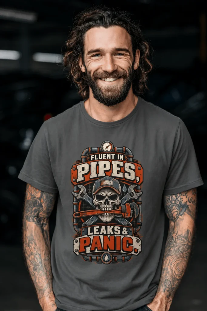 Plumber Skull T-Shirt — "Fluent in Pipes, Leaks and Panic" Workwear Tee — pepper t-shirt, model photo | Pressure Tested Co