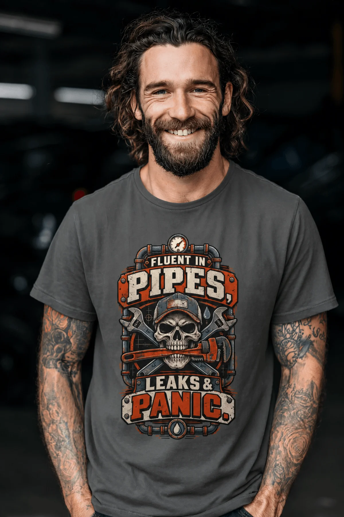 Plumber Skull T-Shirt — "Fluent in Pipes, Leaks and Panic" Workwear Tee — pepper t-shirt, model photo | Pressure Tested Co