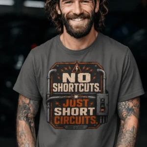 No Shortcuts Just Short Circuits T-Shirt — Funny Retro Industrial Electrician Tee — pepper t-shirt, model photo | Pressure Tested Co