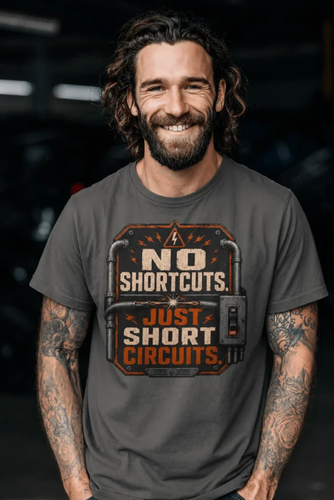 No Shortcuts Just Short Circuits T-Shirt — Funny Retro Industrial Electrician Tee — pepper t-shirt, model photo | Pressure Tested Co