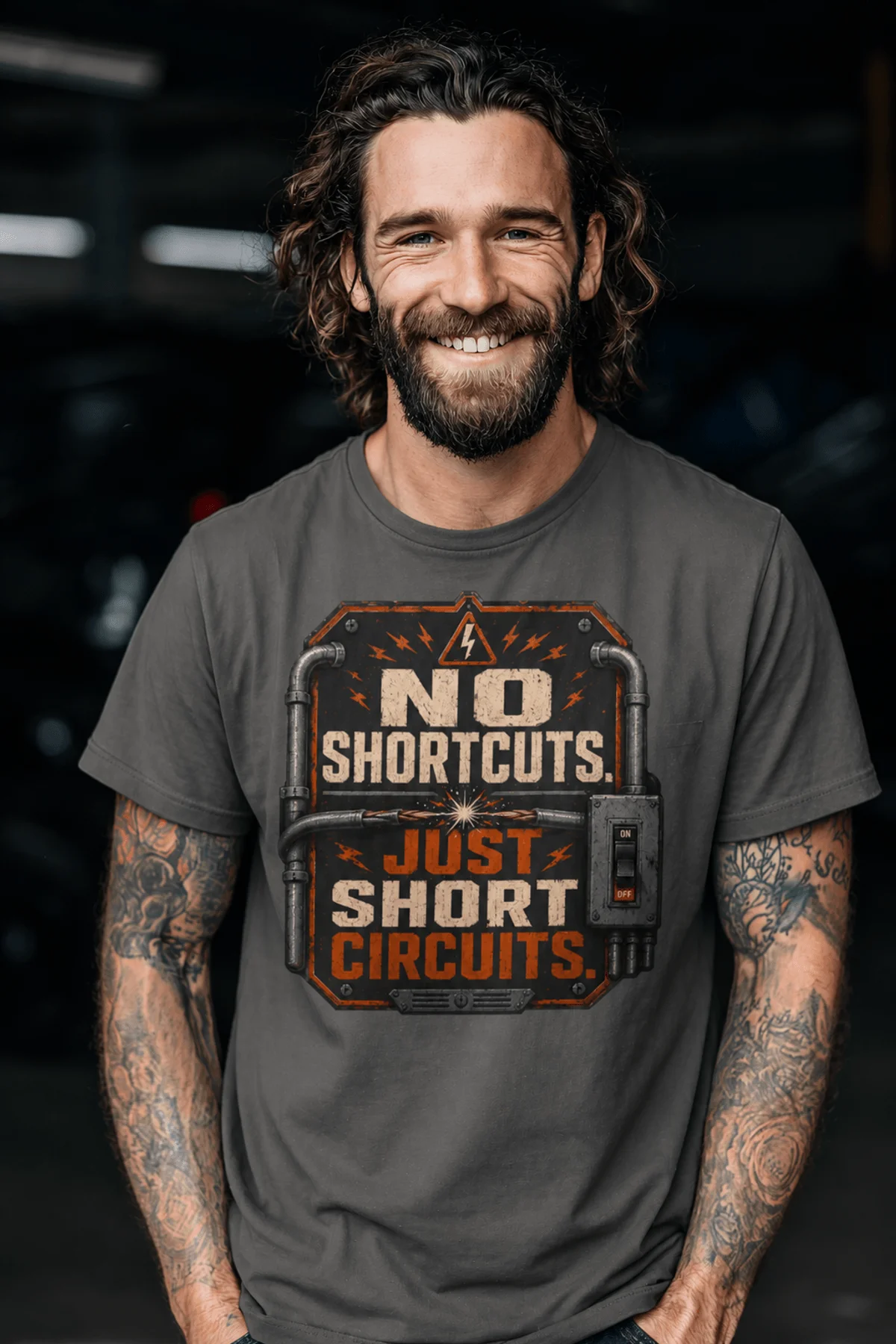 No Shortcuts Just Short Circuits T-Shirt — Funny Retro Industrial Electrician Tee — pepper t-shirt, model photo | Pressure Tested Co