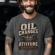 'Oil Changes and Attitude Adjustments' T-Shirt — Funny Retro Industrial Mechanic's Tee — pepper t-shirt, model photo | Pressure Tested Co