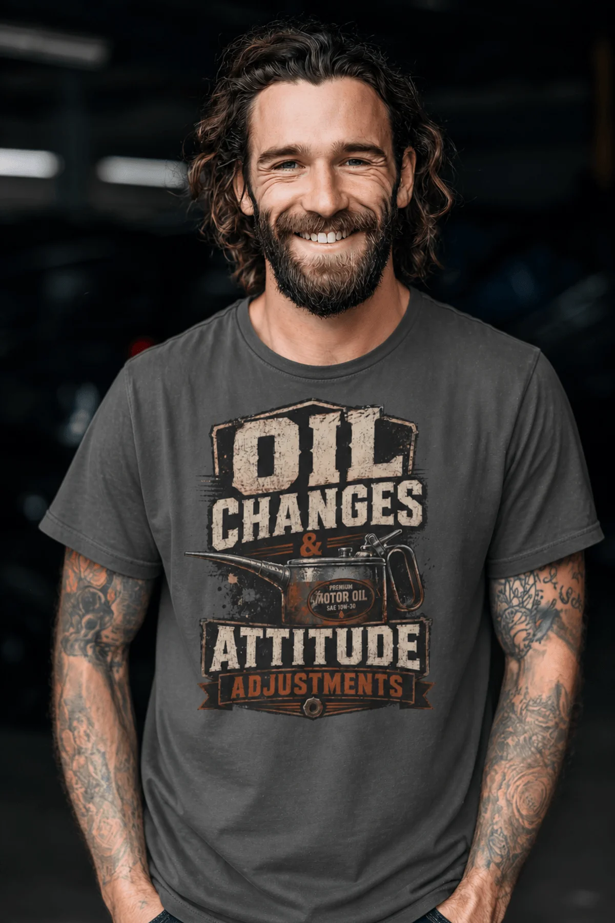 'Oil Changes and Attitude Adjustments' T-Shirt — Funny Retro Industrial Mechanic's Tee — pepper t-shirt, model photo | Pressure Tested Co