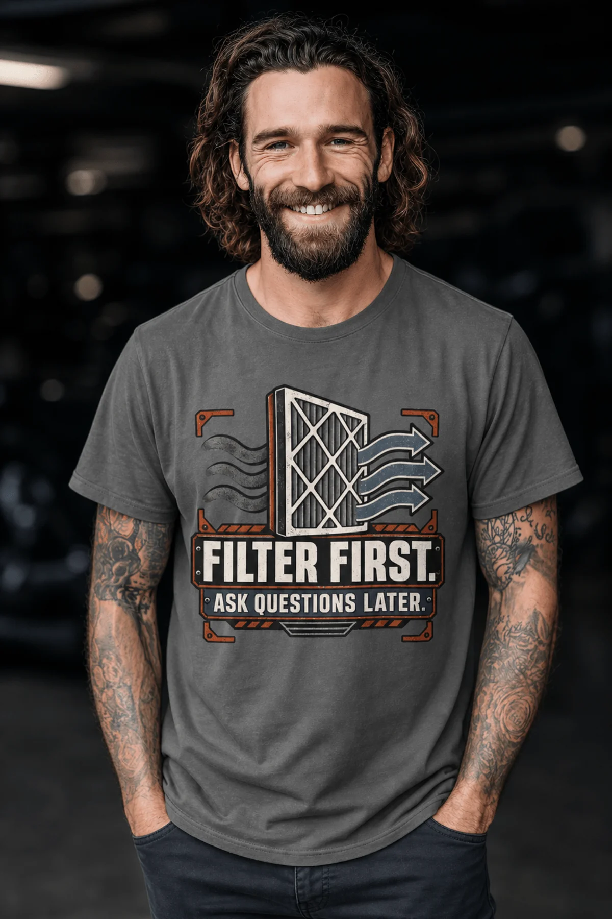 T-Shirt — "Filter First. Ask Questions Later." HVAC Air Filter Graphic — pepper t-shirt, model photo | Pressure Tested Co