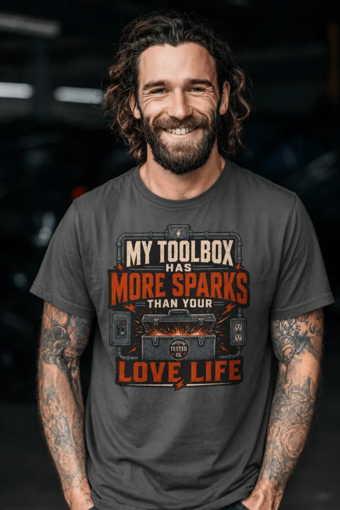 T-Shirt — "My Toolbox Has More Sparks Than Your Love Life" Electrician/Mechanic Workshop Tee — pepper t-shirt, model photo | Pressure Tested Co