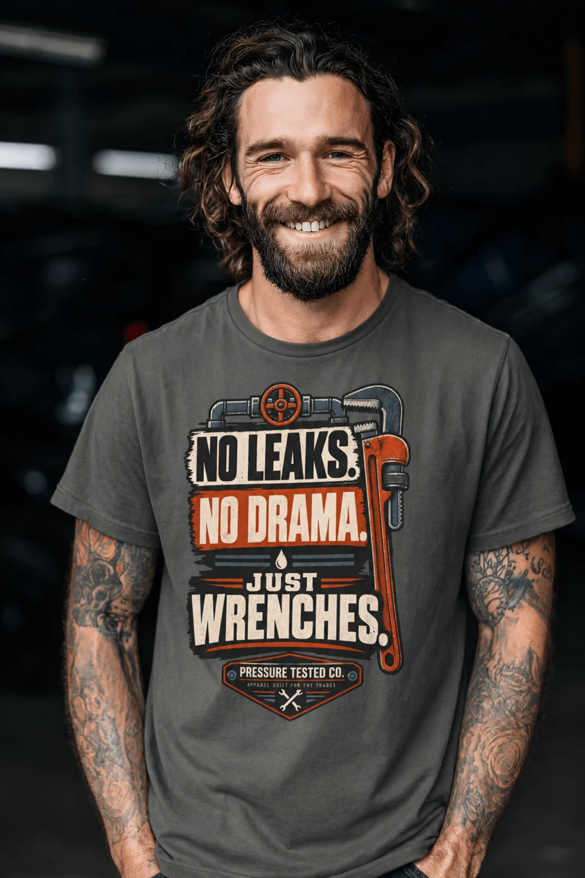 "No Leaks, No Drama, Just Wrenches" Vintage Plumbing Tee — pepper t-shirt, model photo | Pressure Tested Co
