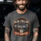'Blue Collar. Cold Air. Hot Coffee.' T-Shirt — Funny Retro Industrial HVAC Tee — pepper t-shirt, model photo | Pressure Tested Co