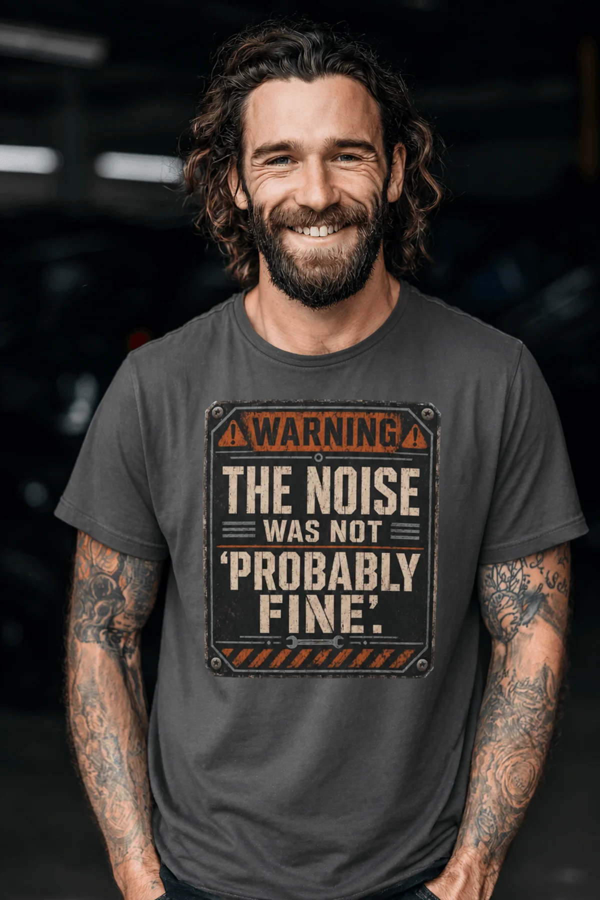 Warning Sign T-Shirt — "The Noise Was Not 'Probably Fine'" Vintage Graphic Tee — pepper t-shirt, model photo | Pressure Tested Co