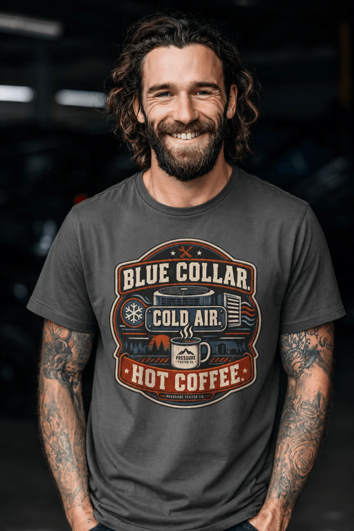 'Blue Collar. Cold Air. Hot Coffee.' T-Shirt — Funny Retro Industrial HVAC Tee — pepper t-shirt, model photo | Pressure Tested Co