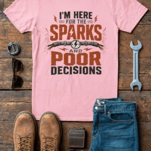 Sparks and Poor Decisions Tee — Funny Electrician/Party Graphic T-Shirt — pink t-shirt, flat-lay product photo | Pressure Tested Co