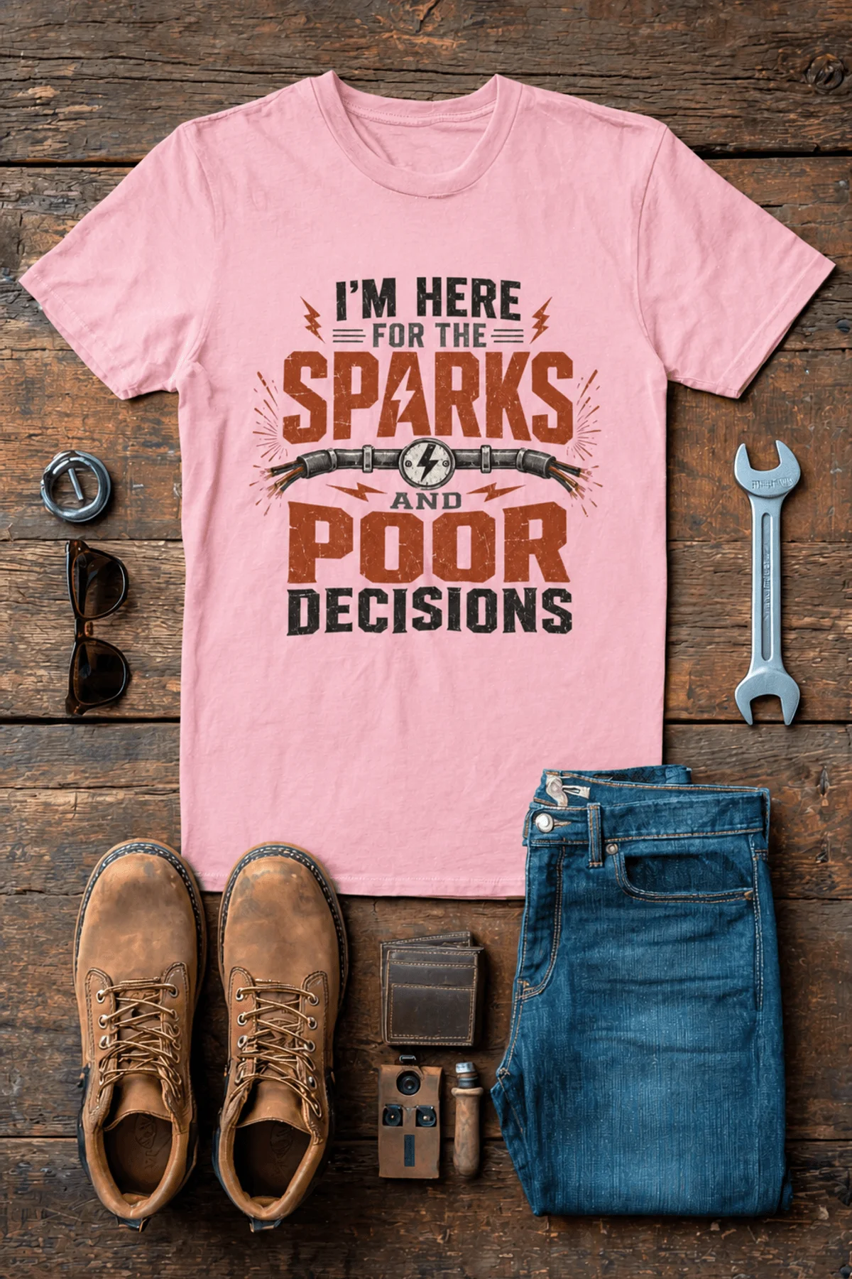 Sparks and Poor Decisions Tee — Funny Electrician/Party Graphic T-Shirt — pink t-shirt, flat-lay product photo | Pressure Tested Co
