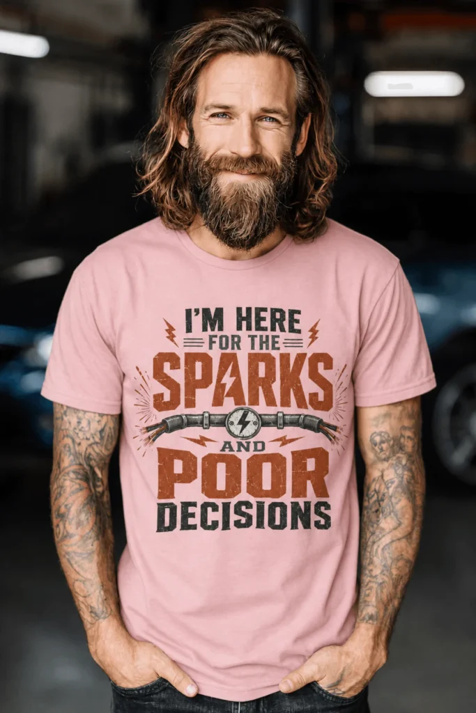 Sparks and Poor Decisions Tee — Funny Electrician/Party Graphic T-Shirt — pink t-shirt, model photo | Pressure Tested Co