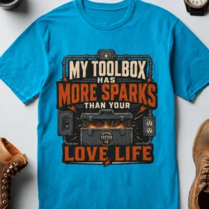 T-Shirt — "My Toolbox Has More Sparks Than Your Love Life" Electrician/Mechanic Workshop Tee — sapphire t-shirt, flat-lay product photo | Pressure Tested Co