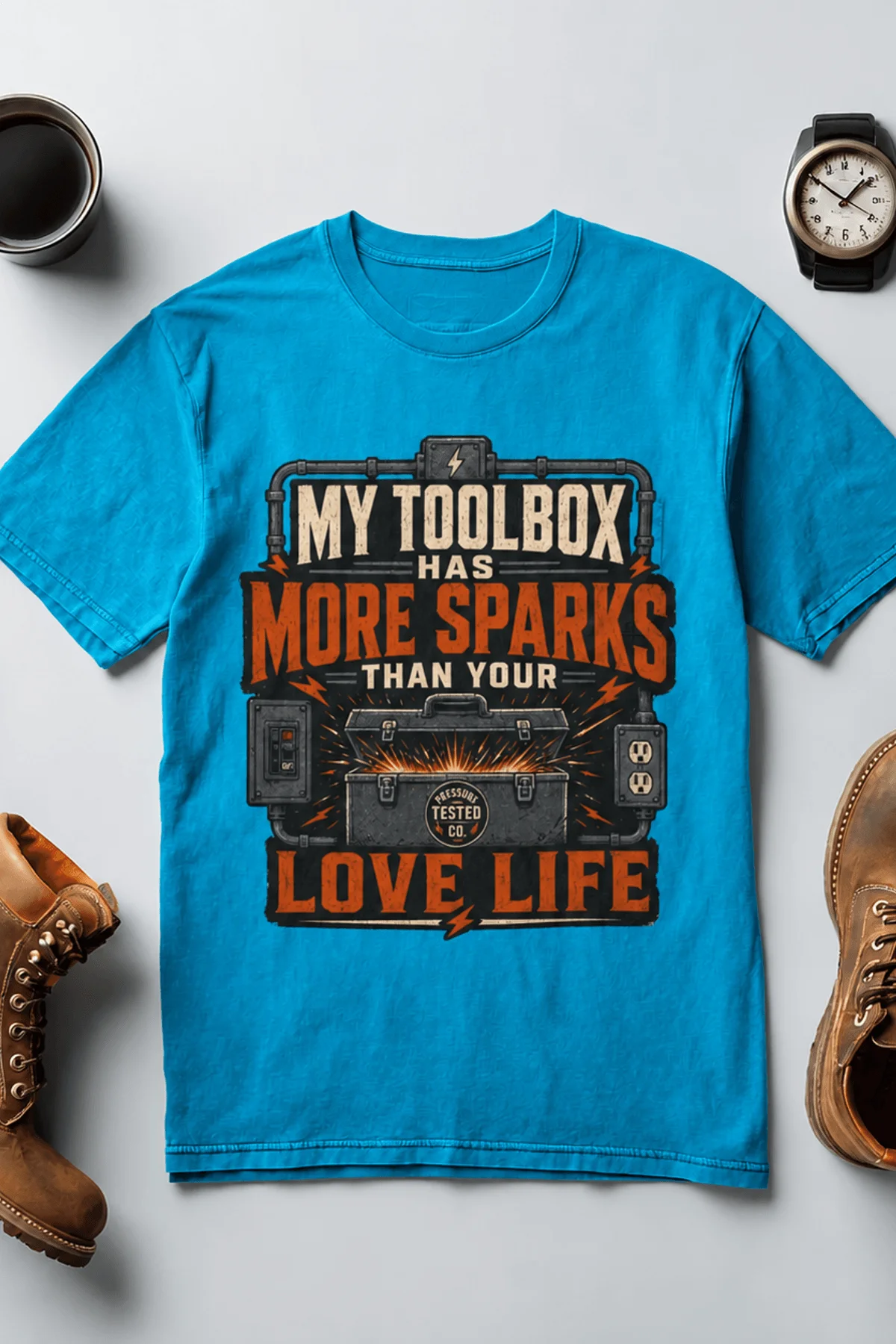 T-Shirt — "My Toolbox Has More Sparks Than Your Love Life" Electrician/Mechanic Workshop Tee — sapphire t-shirt, flat-lay product photo | Pressure Tested Co