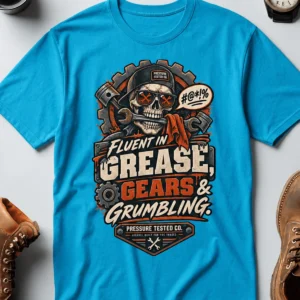 Mechanic Skull T-Shirt — "Fluent in Grease, Gears and Grumbling" Graphic Tee — sapphire t-shirt, flat-lay product photo | Pressure Tested Co