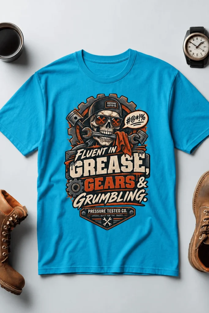 Mechanic Skull T-Shirt — "Fluent in Grease, Gears and Grumbling" Graphic Tee — sapphire t-shirt, flat-lay product photo | Pressure Tested Co