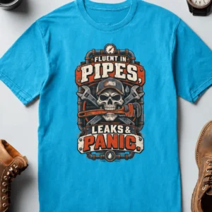Plumber Skull T-Shirt — "Fluent in Pipes, Leaks and Panic" Workwear Tee — sapphire t-shirt, flat-lay product photo | Pressure Tested Co