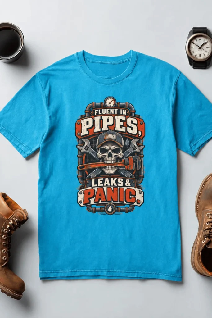 Plumber Skull T-Shirt — "Fluent in Pipes, Leaks and Panic" Workwear Tee — sapphire t-shirt, flat-lay product photo | Pressure Tested Co