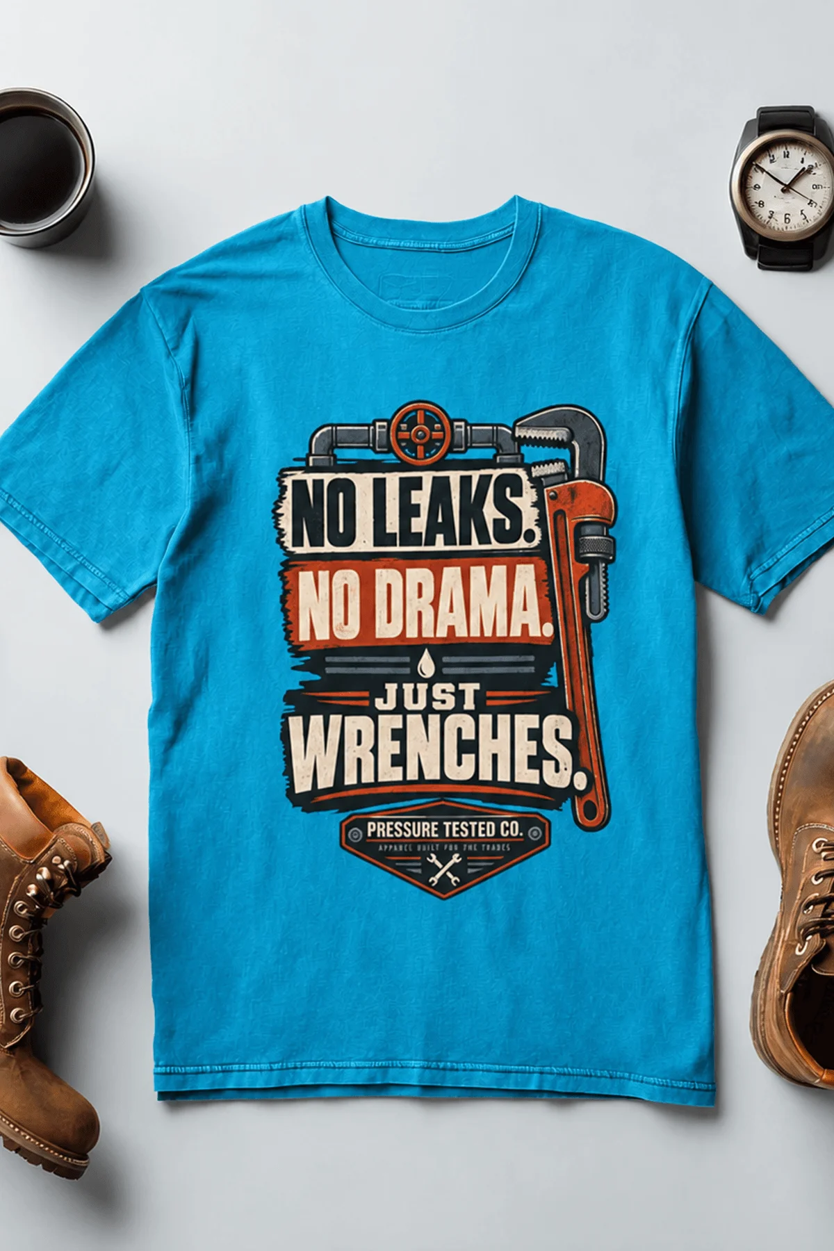 "No Leaks, No Drama, Just Wrenches" Vintage Plumbing Tee — sapphire t-shirt, flat-lay product photo | Pressure Tested Co