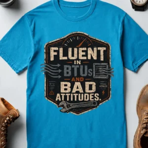 HVAC Tech T‑Shirt – "Fluent In BTUs And Bad Attitudes" — sapphire t-shirt, flat-lay product photo | Pressure Tested Co