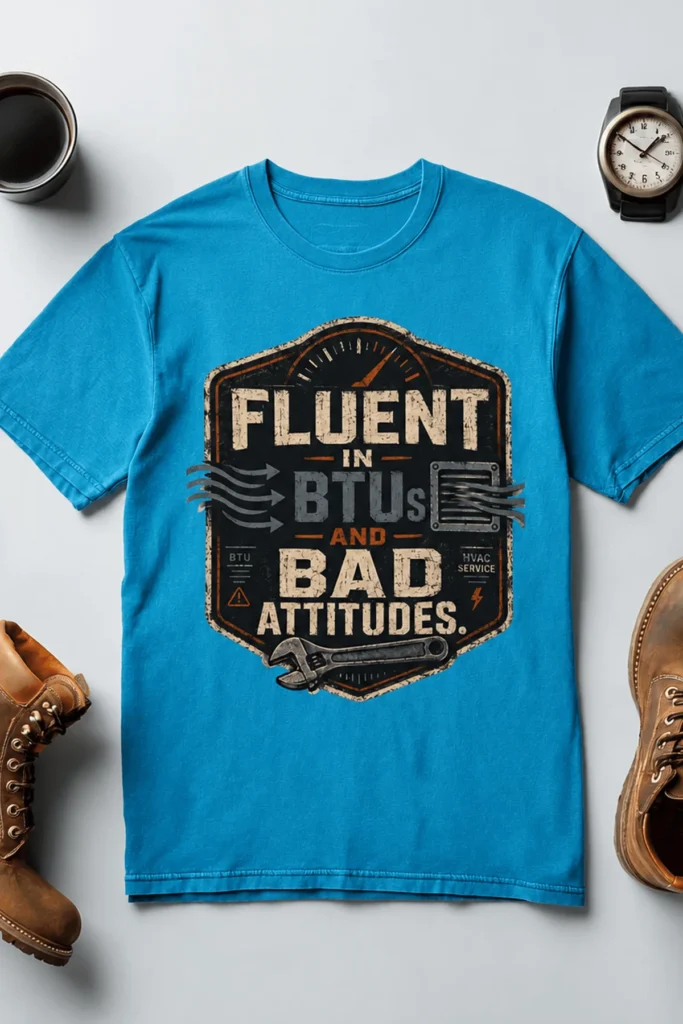 HVAC Tech T‑Shirt – "Fluent In BTUs And Bad Attitudes" — sapphire t-shirt, flat-lay product photo | Pressure Tested Co