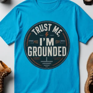 Grounded T‑Shirt – "Trust Me I'm Grounded" Electrical Tech Tee — sapphire t-shirt, flat-lay product photo | Pressure Tested Co