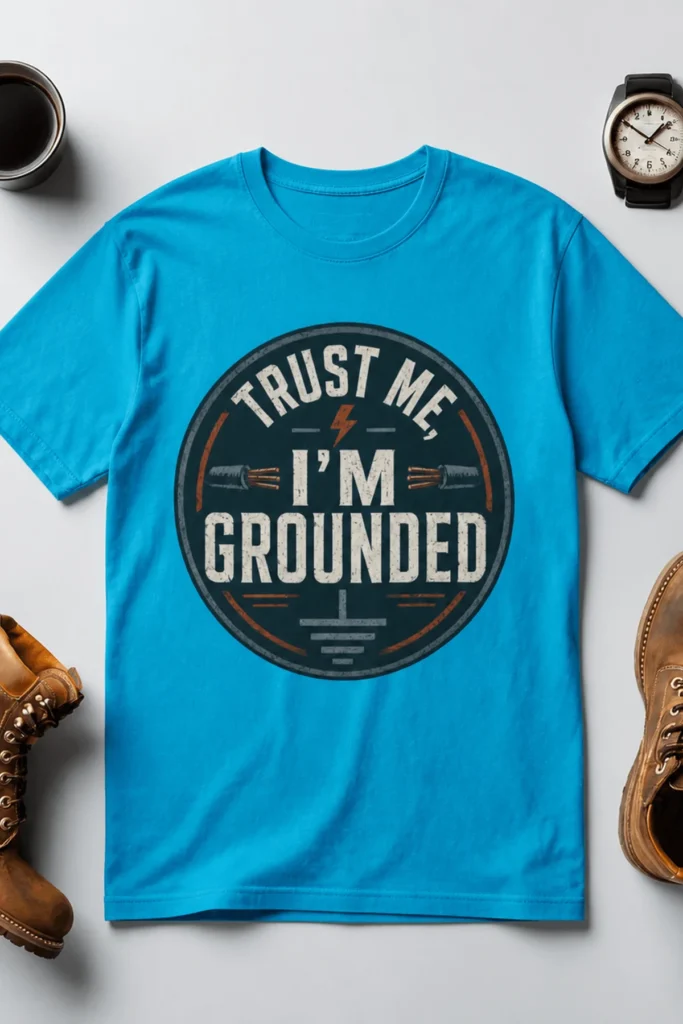 Grounded T‑Shirt – "Trust Me I'm Grounded" Electrical Tech Tee — sapphire t-shirt, flat-lay product photo | Pressure Tested Co
